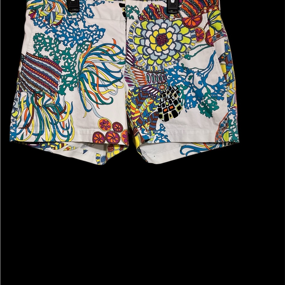 Trina Turk White and Blue Bermuda Shorts with Clean Hem